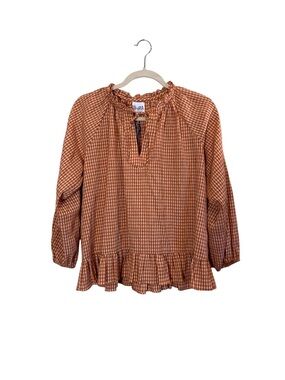 dRA LA Women’s Rust Cotton Gingham Ruffle Boho Peasant Blouse Sz S